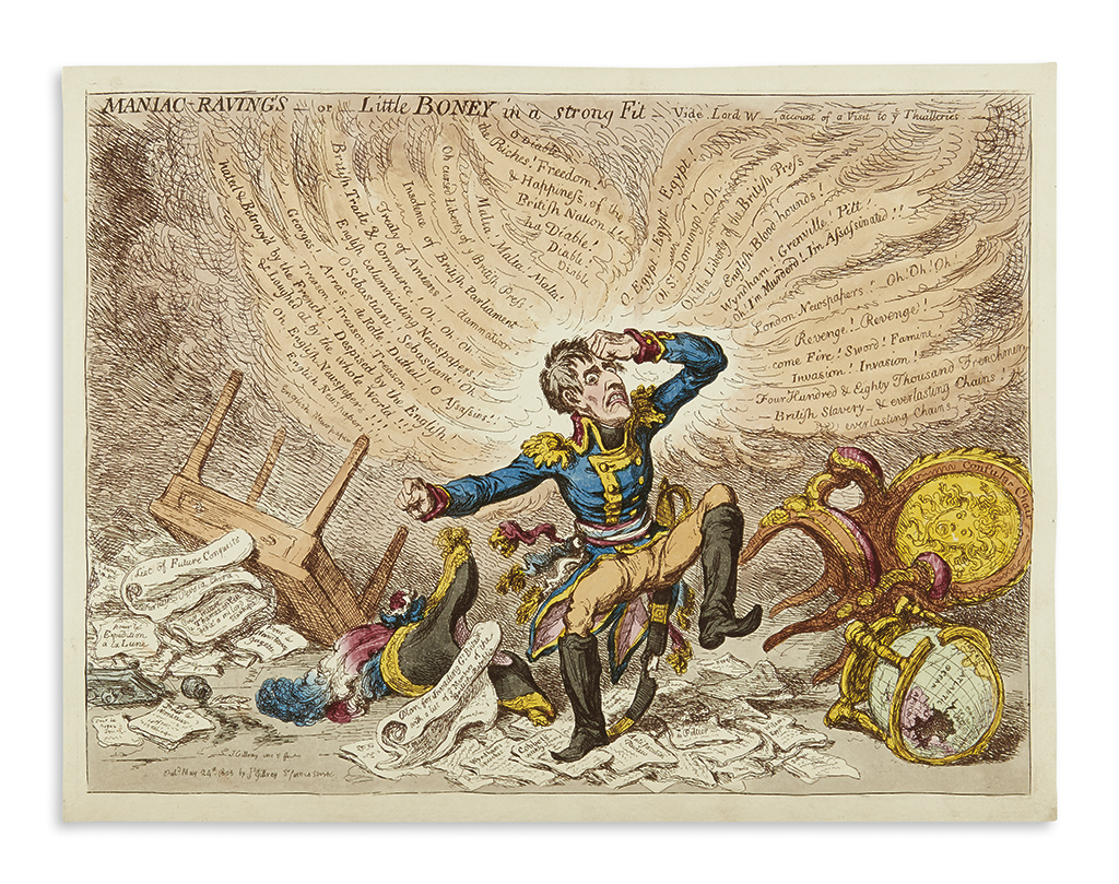 GILLRAY, JAMES. Maniac-Ravings__or__Little Boney in a Strong Fit.